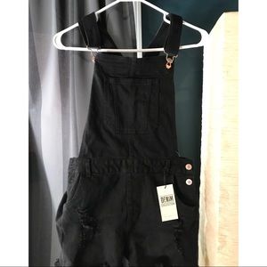Black denim overall shorts